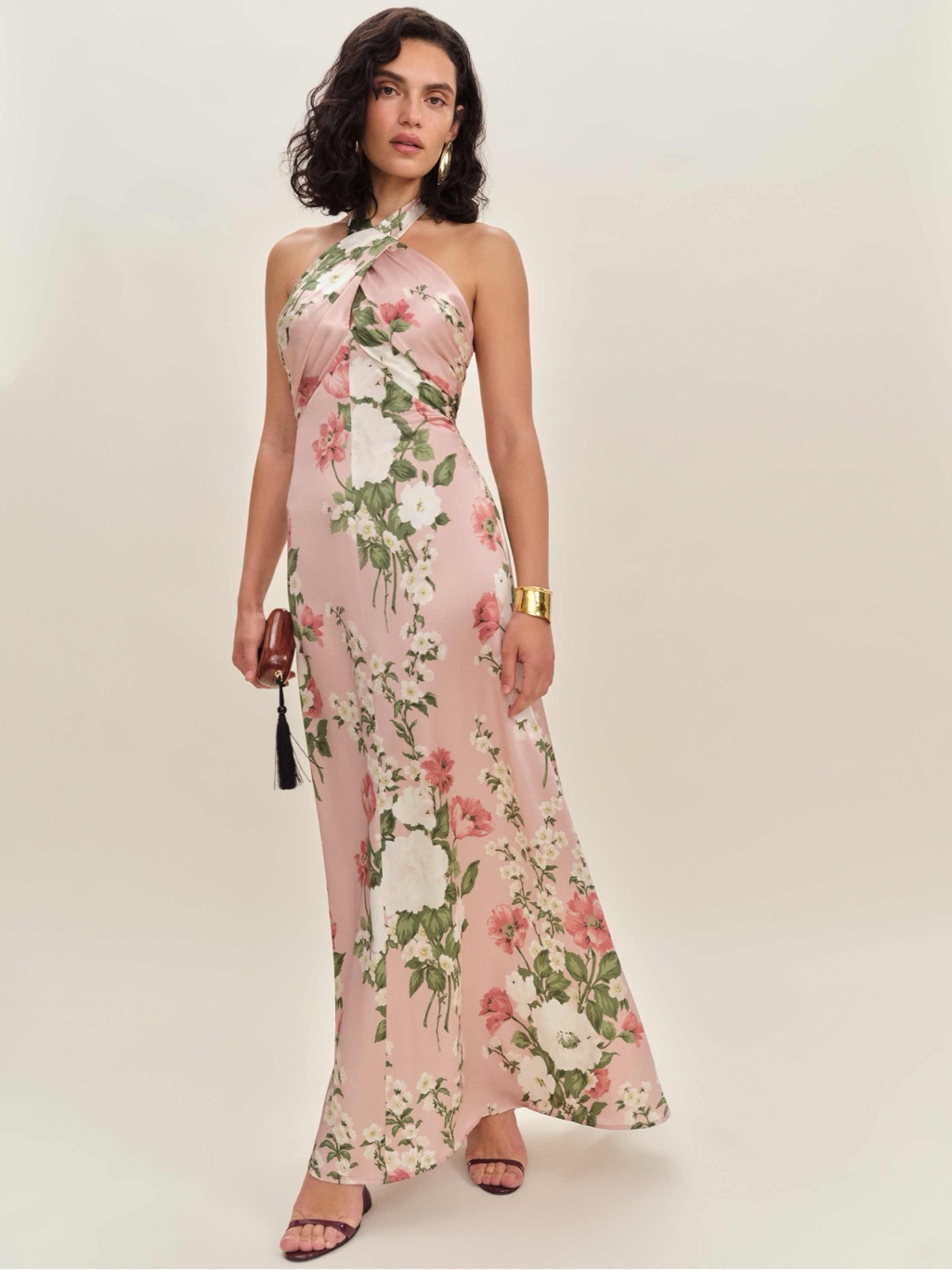 New Reformation Veria Halter Silk Rose Garden Floral Pink Print Maxi Gown